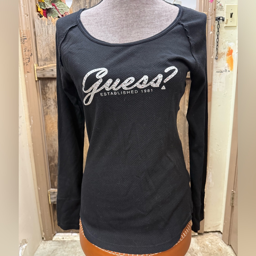 Guess Black Long Sleeve Tee With Silver Logo
